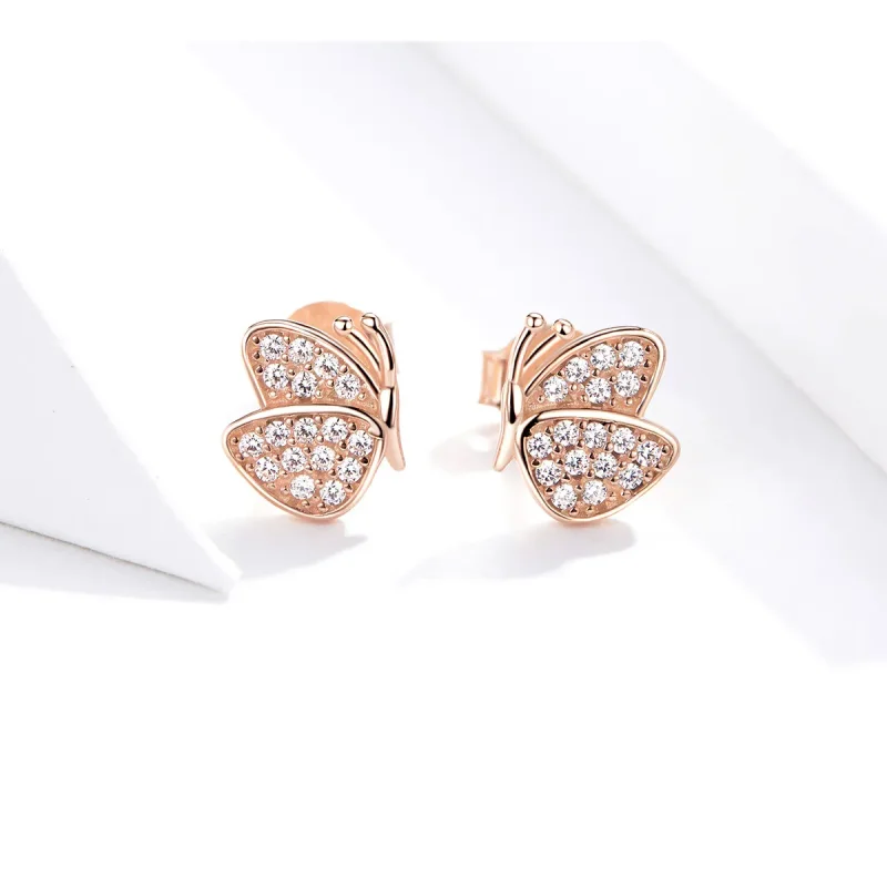 (image for) Pandora Style Rose Gold Stud Earrings, Butterfly - SCE776 - View 4
