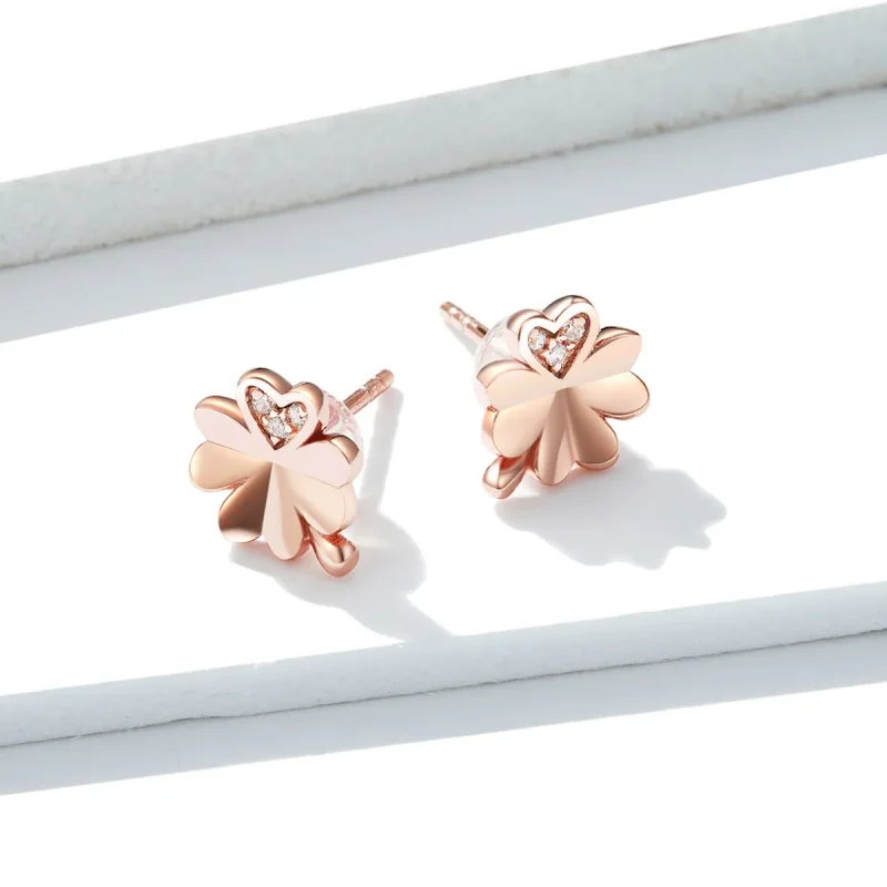 (image for) Pandora Style Rose Gold Stud Earrings, Clover - BSE233 - View 2