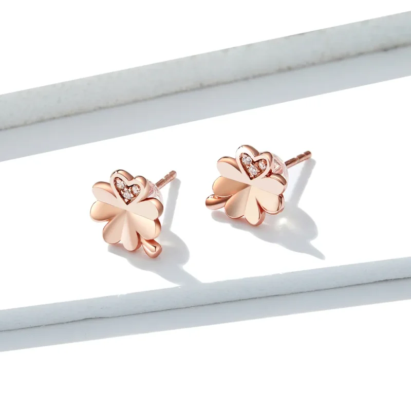 (image for) Pandora Style Rose Gold Stud Earrings, Clover - BSE233 - View 3