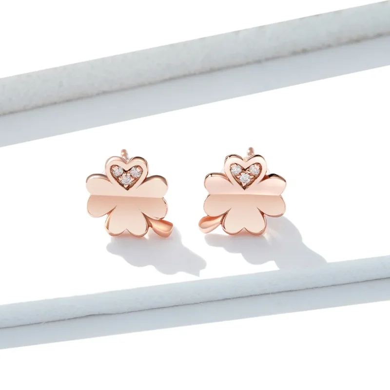 (image for) Pandora Style Rose Gold Stud Earrings, Clover - BSE233 - View 4