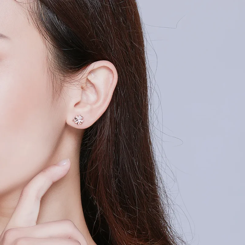 (image for) Pandora Style Rose Gold Stud Earrings, Clover - BSE233 - View 6