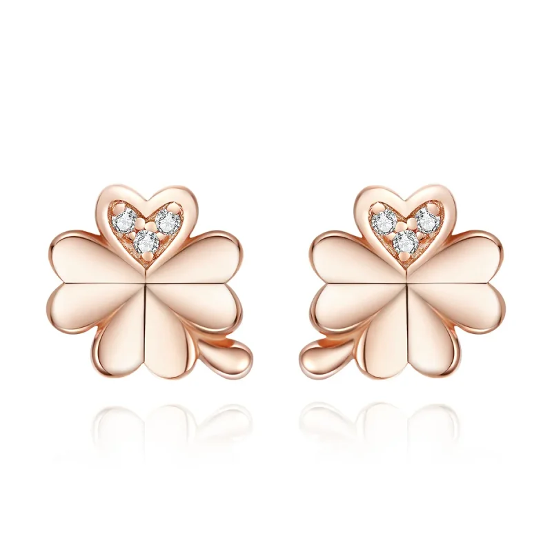 (image for) Pandora Style Rose Gold Stud Earrings, Clover - BSE233 - Product Image