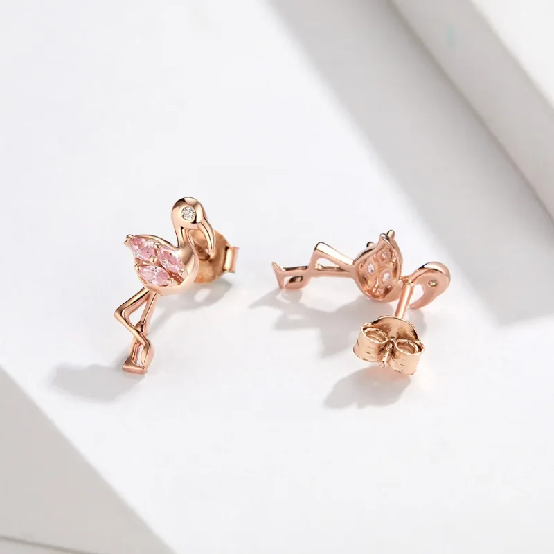 (image for) Pandora Style Rose Gold Stud Earrings, Flamingos - BSE120 - View 2
