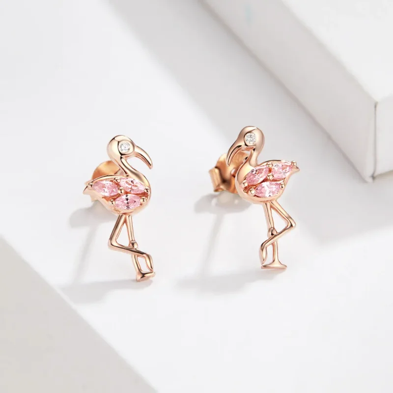 (image for) Pandora Style Rose Gold Stud Earrings, Flamingos - BSE120 - View 3