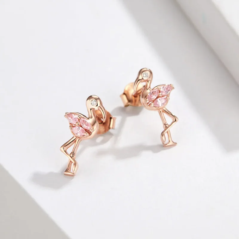 (image for) Pandora Style Rose Gold Stud Earrings, Flamingos - BSE120 - View 4