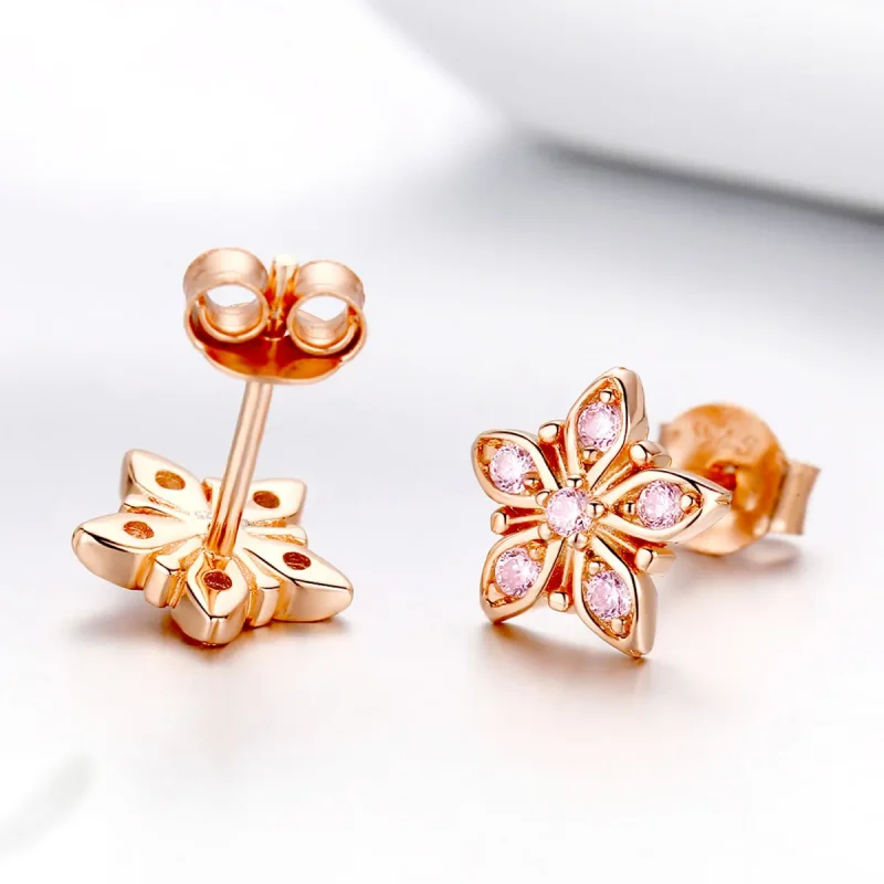 (image for) Pandora Style Rose Gold Stud Earrings, Pink Daisy - BSE034 - View 2