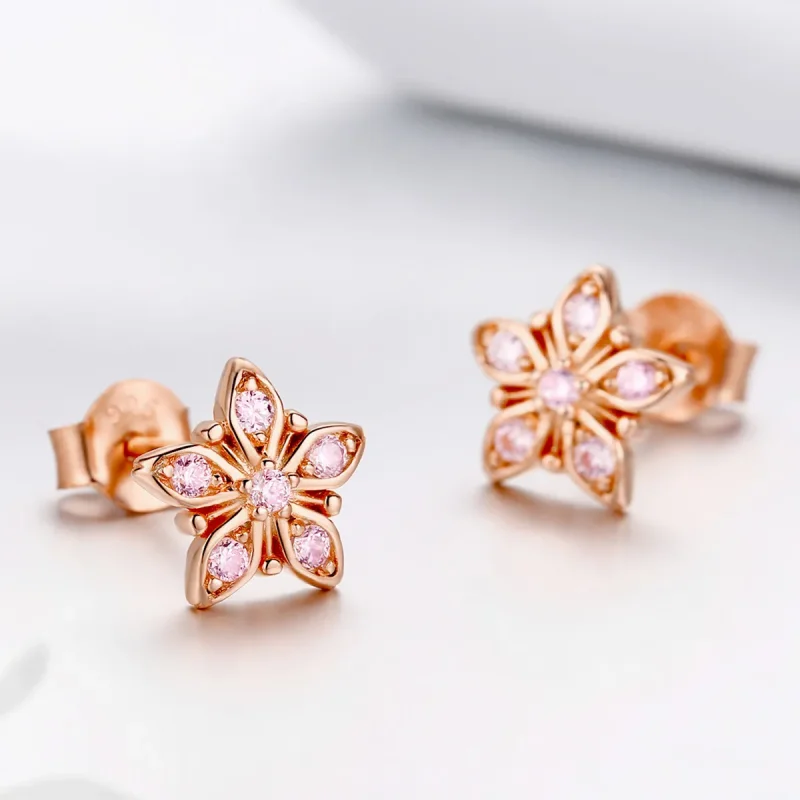 (image for) Pandora Style Rose Gold Stud Earrings, Pink Daisy - BSE034 - View 4