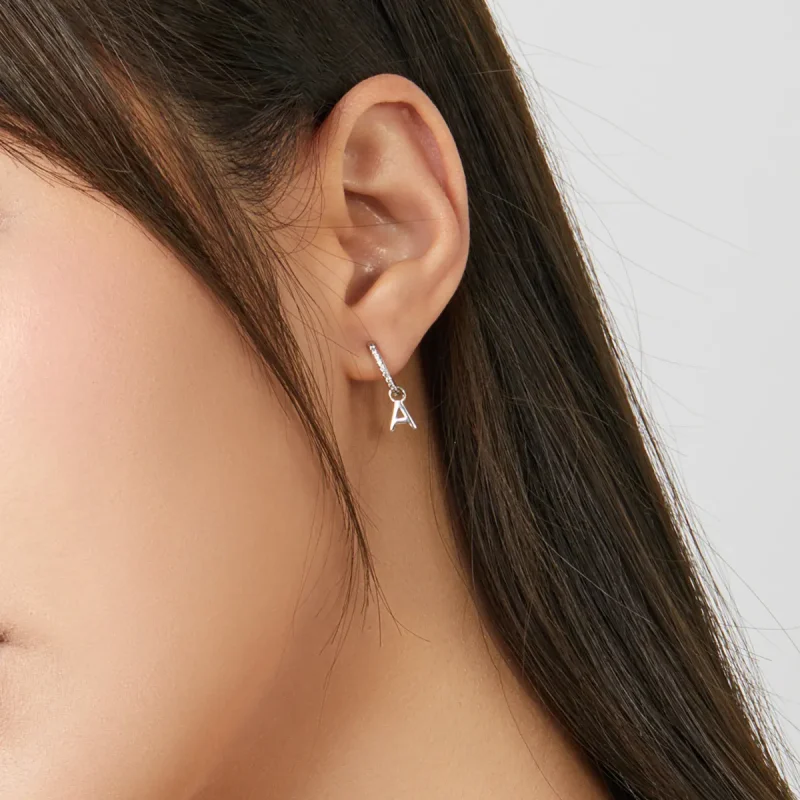 (image for) Pandora Style Silver Dangle Earring, Letter A - SCE848-A - View 3