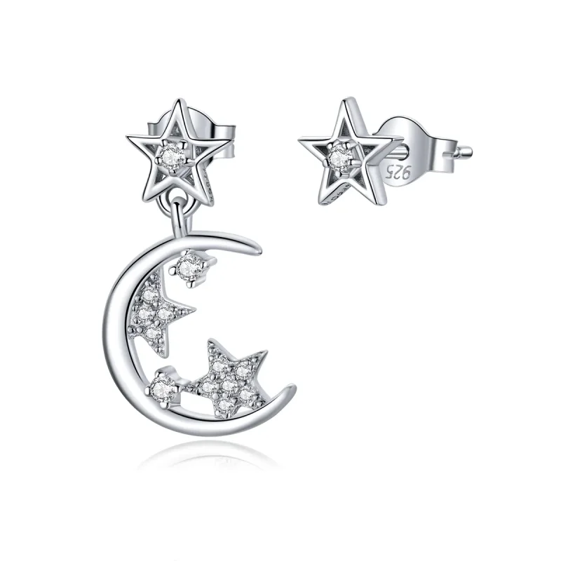 (image for) Pandora Style Silver Dangle Earrings, Asymmetrical Bright Star Moon - SCE813 - Product Image