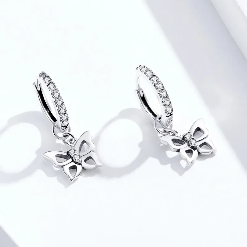 (image for) Pandora Style Silver Dangle Earrings, Butterfly - SCE833 - View 2