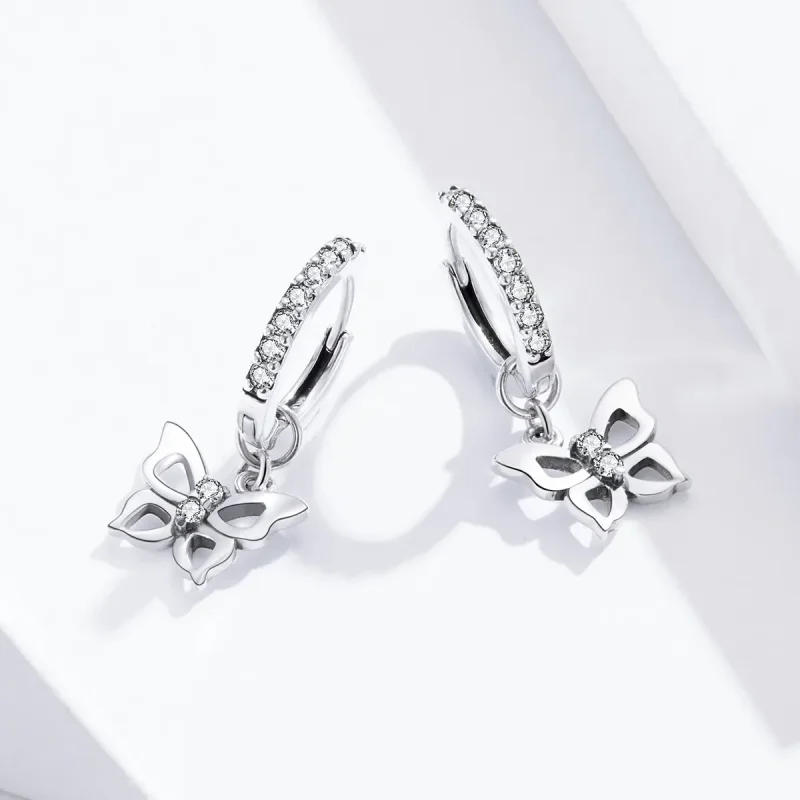 (image for) Pandora Style Silver Dangle Earrings, Butterfly - SCE833 - View 3
