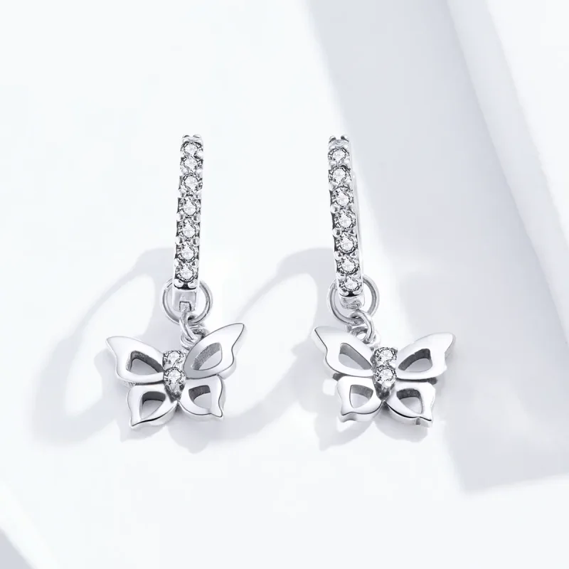 (image for) Pandora Style Silver Dangle Earrings, Butterfly - SCE833 - View 4