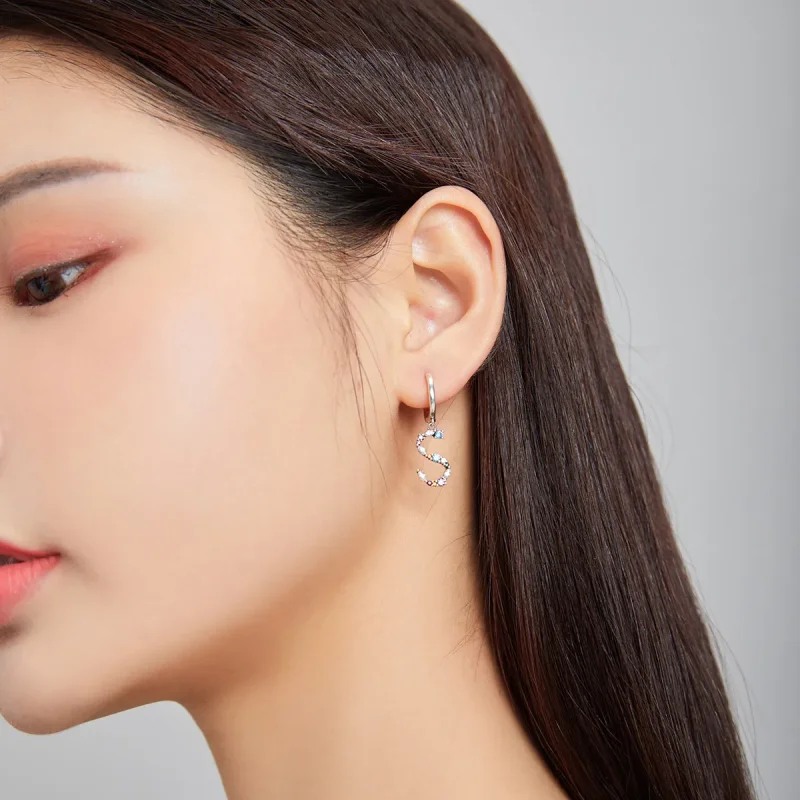 (image for) Pandora Style Silver Dangle Earrings, Colorful Letter S - SCE1032 - View 6