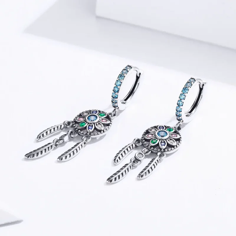 (image for) Pandora Style Silver Dangle Earrings, Dream Catcher - SCE713 - View 2