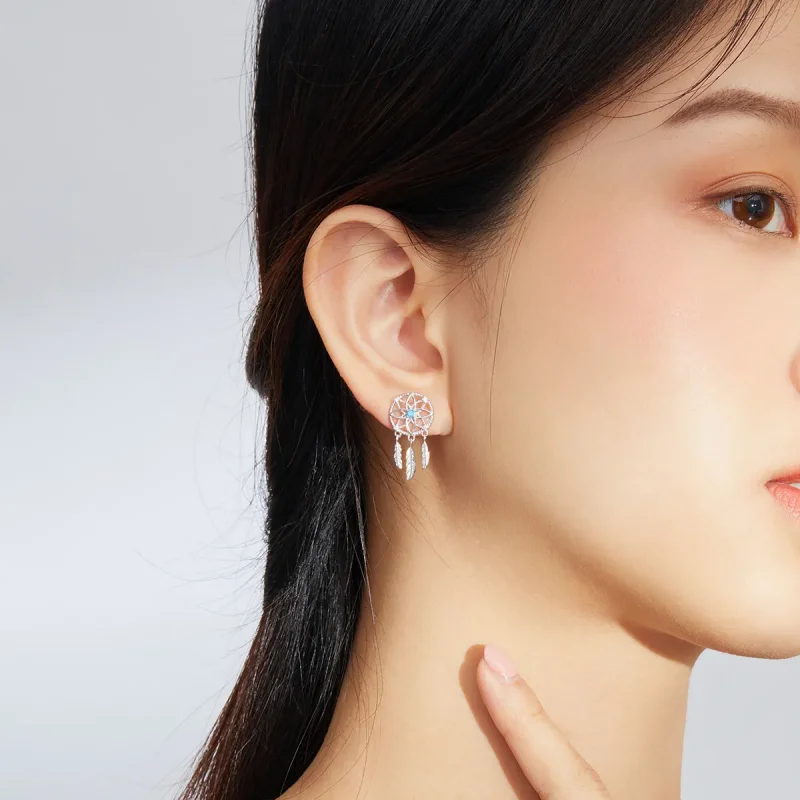 (image for) Pandora Style Silver Dangle Earrings, Dreamcatcher - BSE339 - View 6