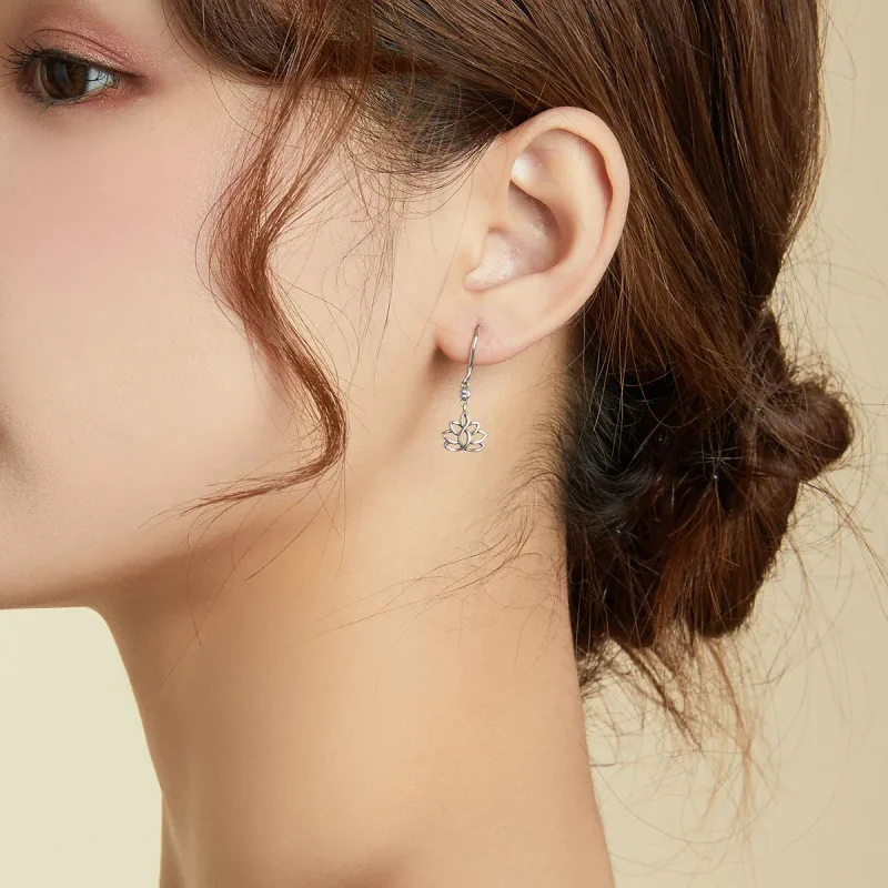 (image for) Pandora Style Silver Dangle Earrings, Elegant Lotus Flowers - BSE451 - View 8