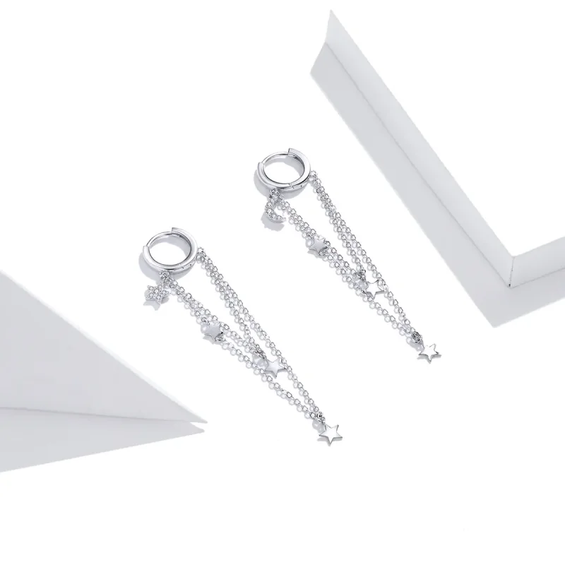 (image for) Pandora Style Silver Dangle Earrings, Elegant Star Moon - SCE982 - View 3