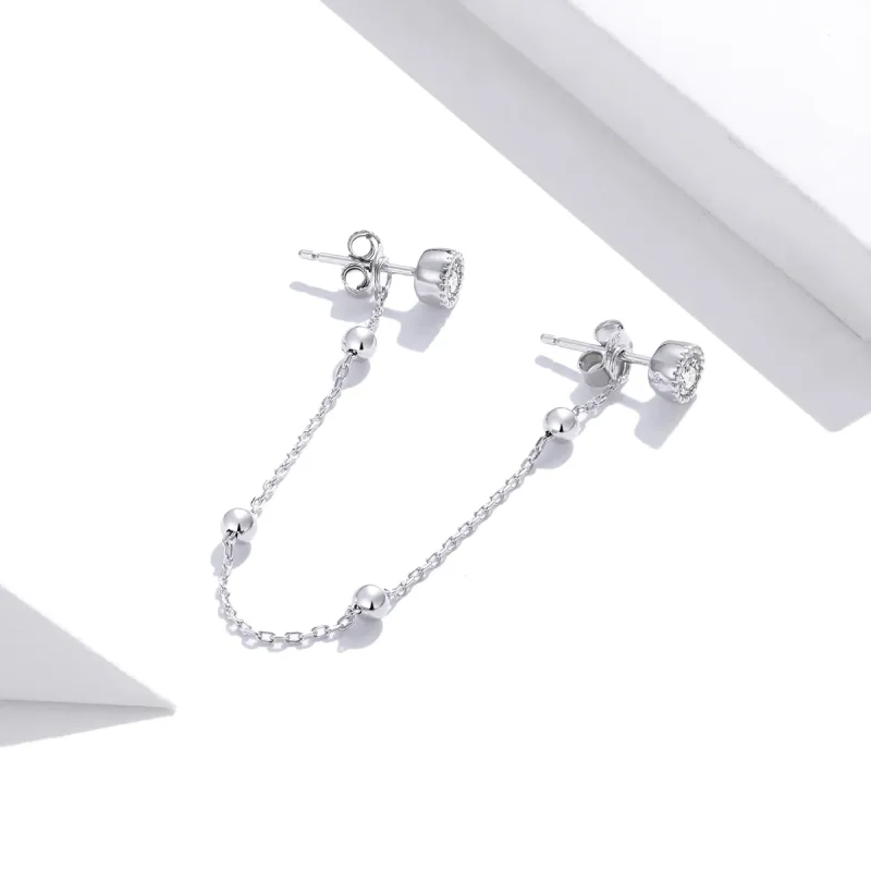 (image for) Pandora Style Silver Dangle Earrings, Fashion Beaded Chain - SCE1107 - View 4