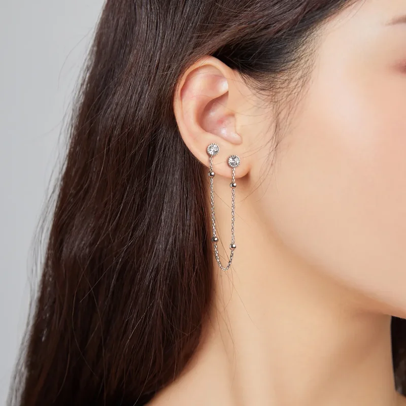 (image for) Pandora Style Silver Dangle Earrings, Fashion Beaded Chain - SCE1107 - View 6