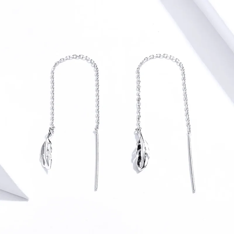 (image for) Pandora Style Silver Dangle Earrings, Feather - SCE786 - View 2