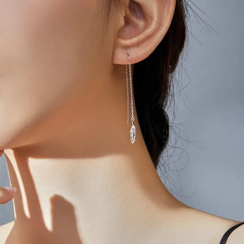 (image for) Pandora Style Silver Dangle Earrings, Feather - SCE786 - View 5