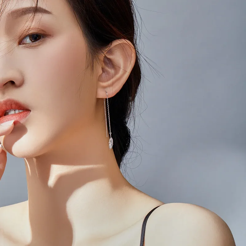 (image for) Pandora Style Silver Dangle Earrings, Feather - SCE786 - View 6