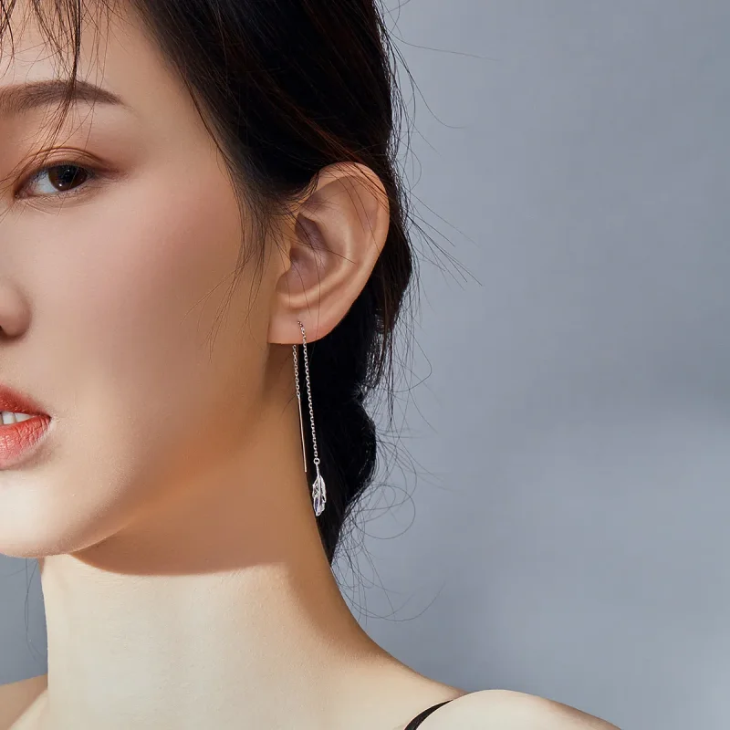 (image for) Pandora Style Silver Dangle Earrings, Feather - SCE786 - View 7