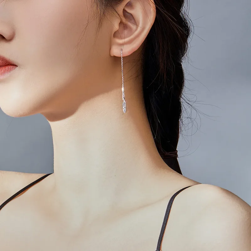 (image for) Pandora Style Silver Dangle Earrings, Feather - SCE786 - View 8