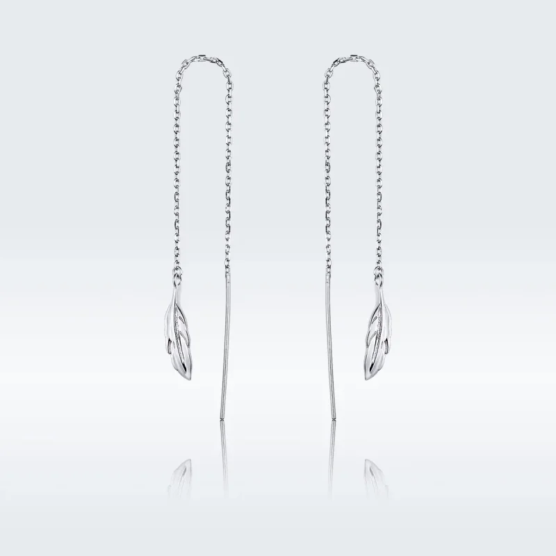 (image for) Pandora Style Silver Dangle Earrings, Feather - SCE786 - Product Image