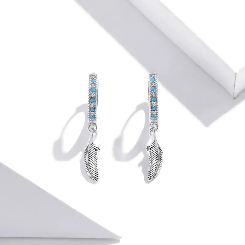(image for) Pandora Style Silver Dangle Earrings, Feather - SCE898 - View 2
