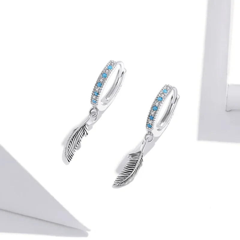 (image for) Pandora Style Silver Dangle Earrings, Feather - SCE898 - View 3