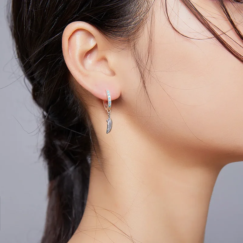 (image for) Pandora Style Silver Dangle Earrings, Feather - SCE898 - View 5