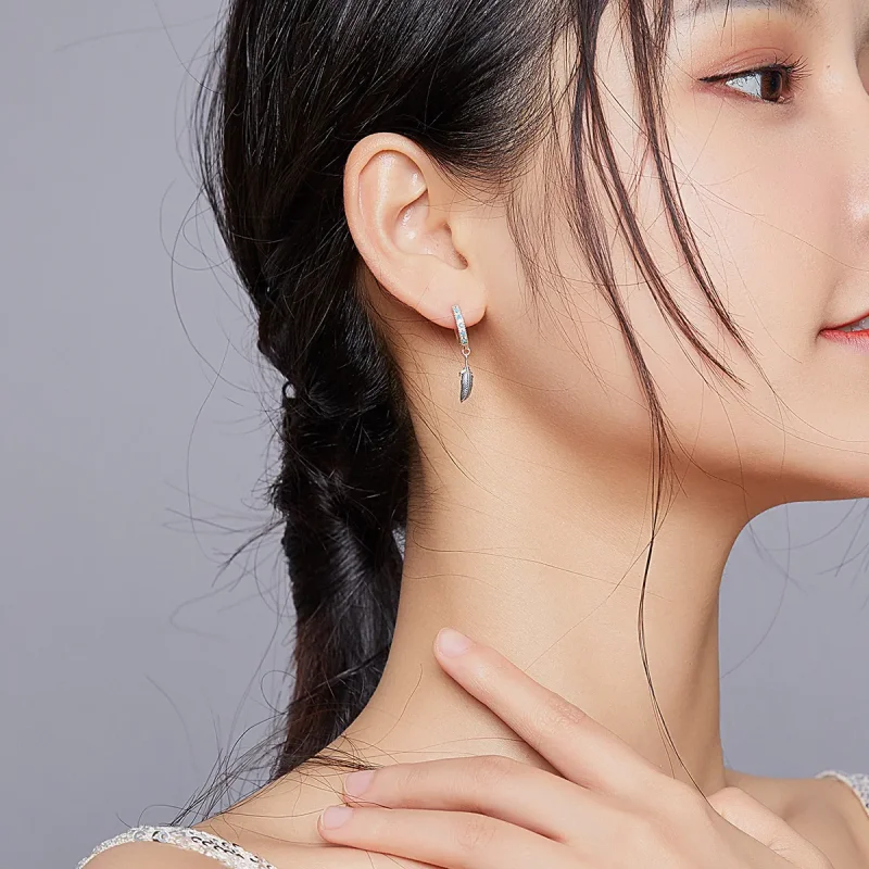 (image for) Pandora Style Silver Dangle Earrings, Feather - SCE898 - View 6