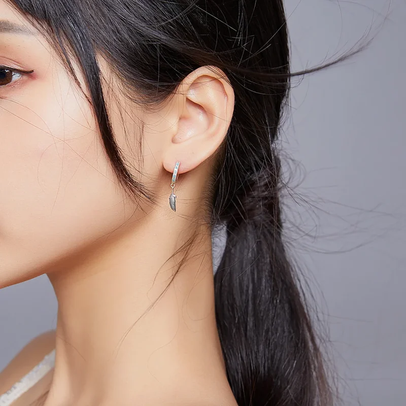 (image for) Pandora Style Silver Dangle Earrings, Feather - SCE898 - View 8