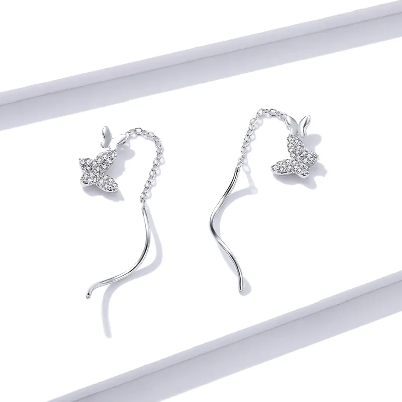 (image for) Pandora Style Silver Dangle Earrings, Flying Butterflies - BSE436 - View 2