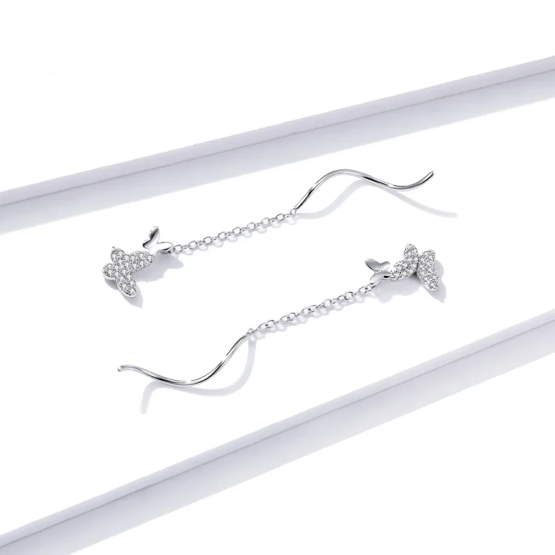 (image for) Pandora Style Silver Dangle Earrings, Flying Butterflies - BSE436 - View 3