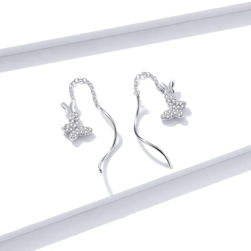 (image for) Pandora Style Silver Dangle Earrings, Flying Butterflies - BSE436 - View 4