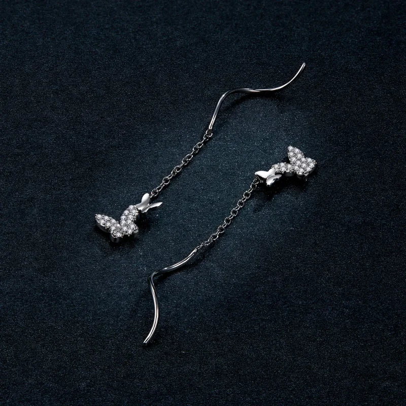 (image for) Pandora Style Silver Dangle Earrings, Flying Butterflies - BSE436 - View 5
