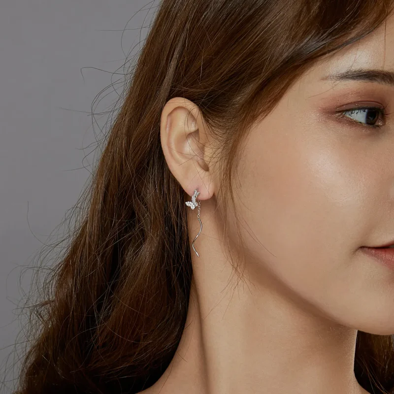 (image for) Pandora Style Silver Dangle Earrings, Flying Butterflies - BSE436 - View 6