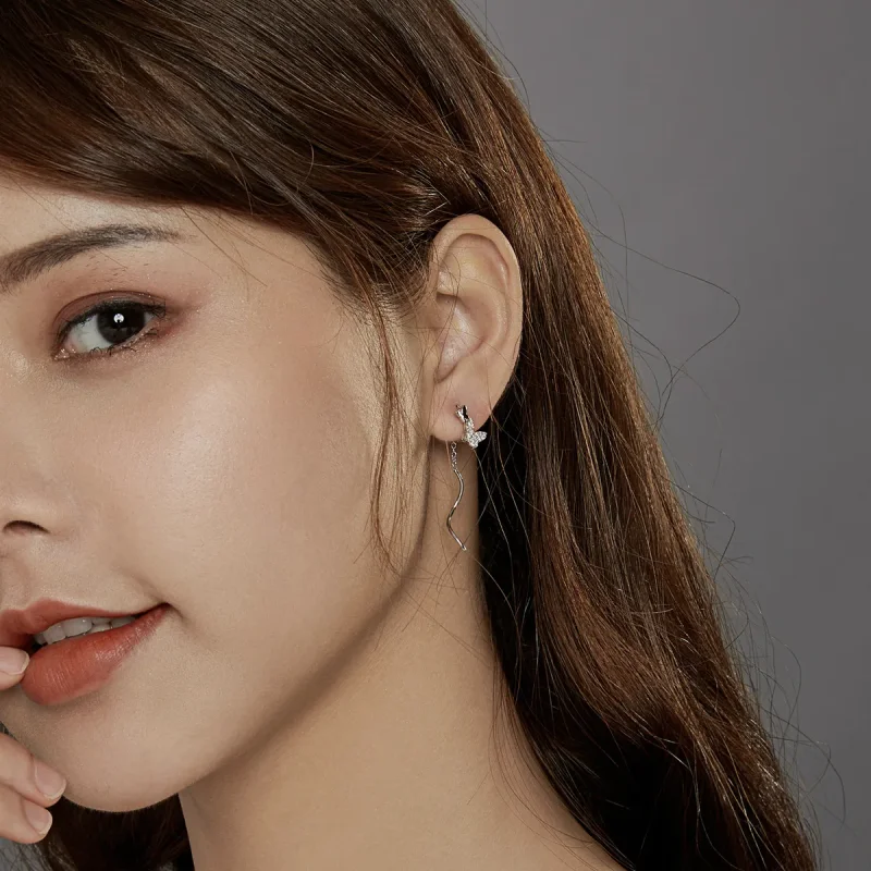 (image for) Pandora Style Silver Dangle Earrings, Flying Butterflies - BSE436 - View 7