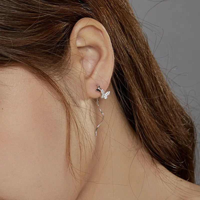 (image for) Pandora Style Silver Dangle Earrings, Flying Butterflies - BSE436 - View 8