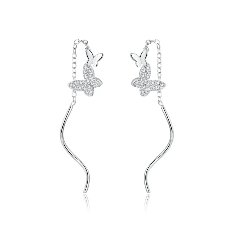 (image for) Pandora Style Silver Dangle Earrings, Flying Butterflies - BSE436 - Product Image