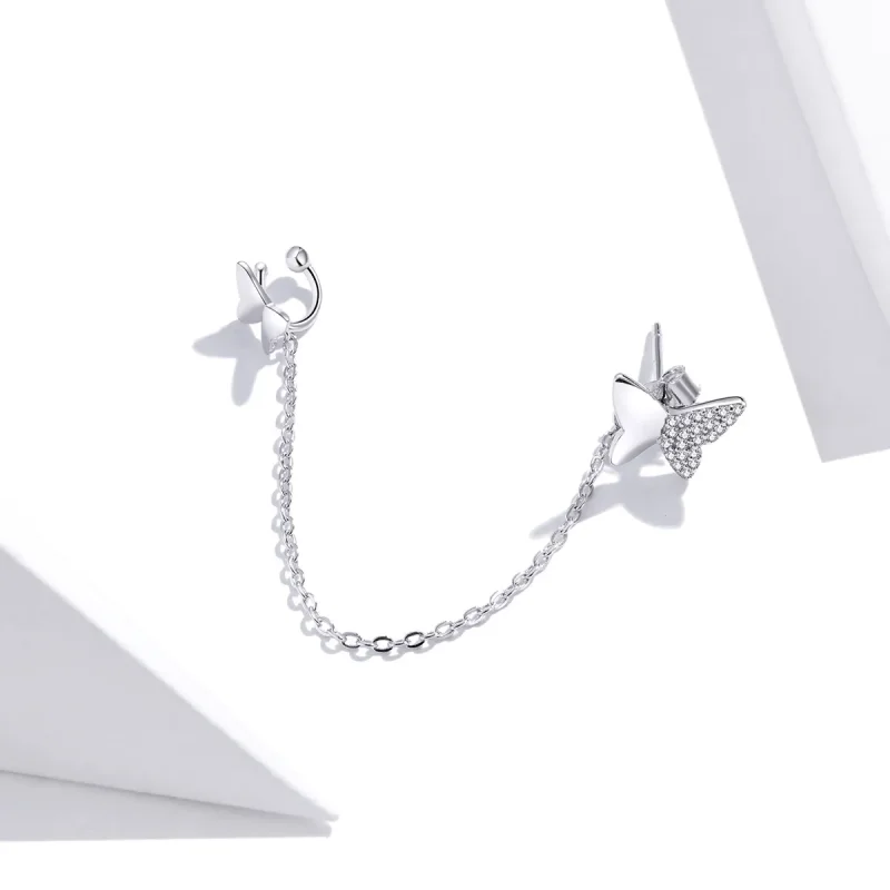 (image for) Pandora Style Silver Dangle Earrings, Flying Butterflies - SCE913 - View 2