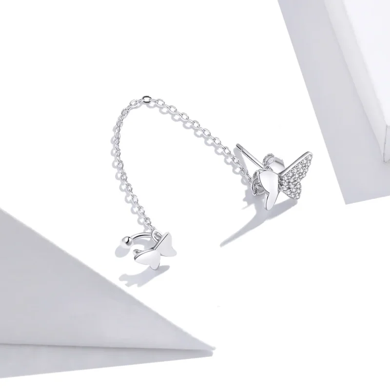 (image for) Pandora Style Silver Dangle Earrings, Flying Butterflies - SCE913 - View 3