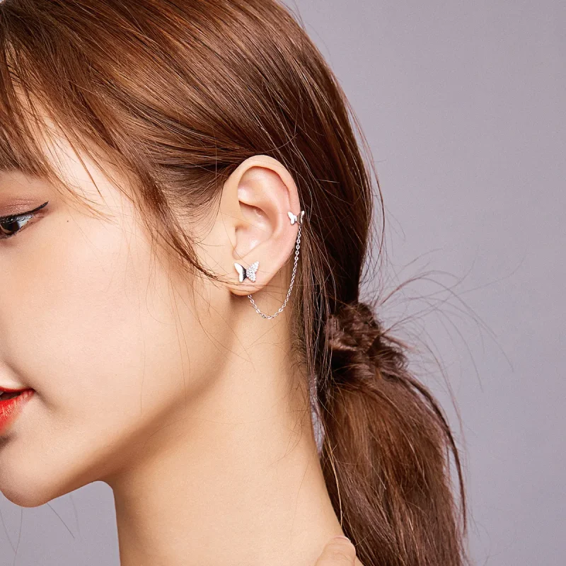 (image for) Pandora Style Silver Dangle Earrings, Flying Butterflies - SCE913 - View 5