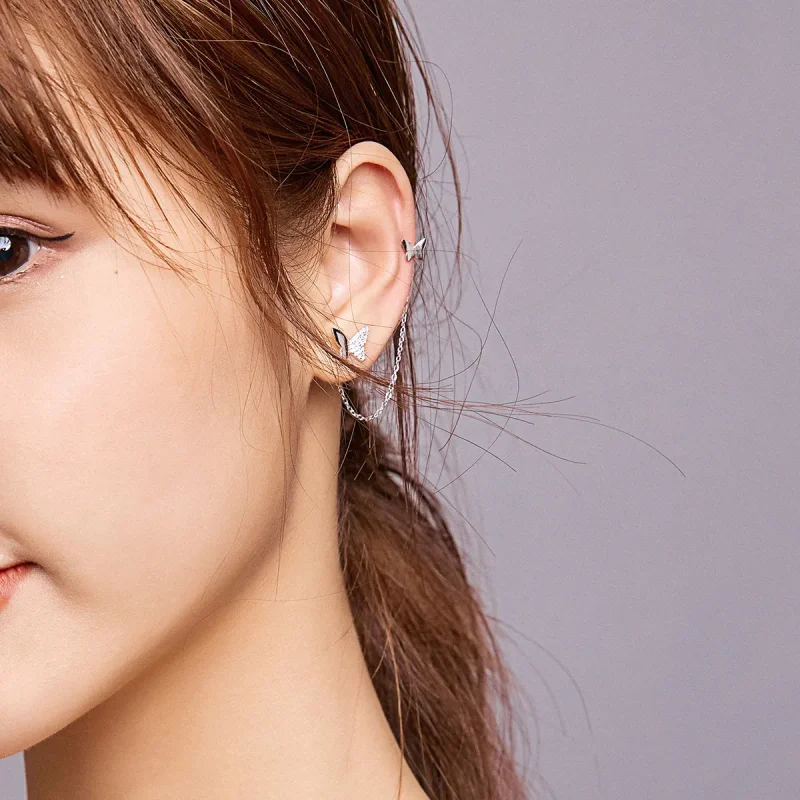 (image for) Pandora Style Silver Dangle Earrings, Flying Butterflies - SCE913 - View 6