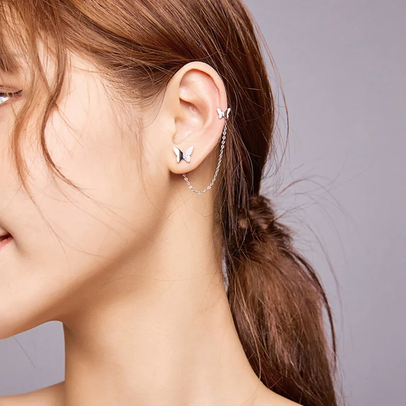 (image for) Pandora Style Silver Dangle Earrings, Flying Butterflies - SCE913 - View 7