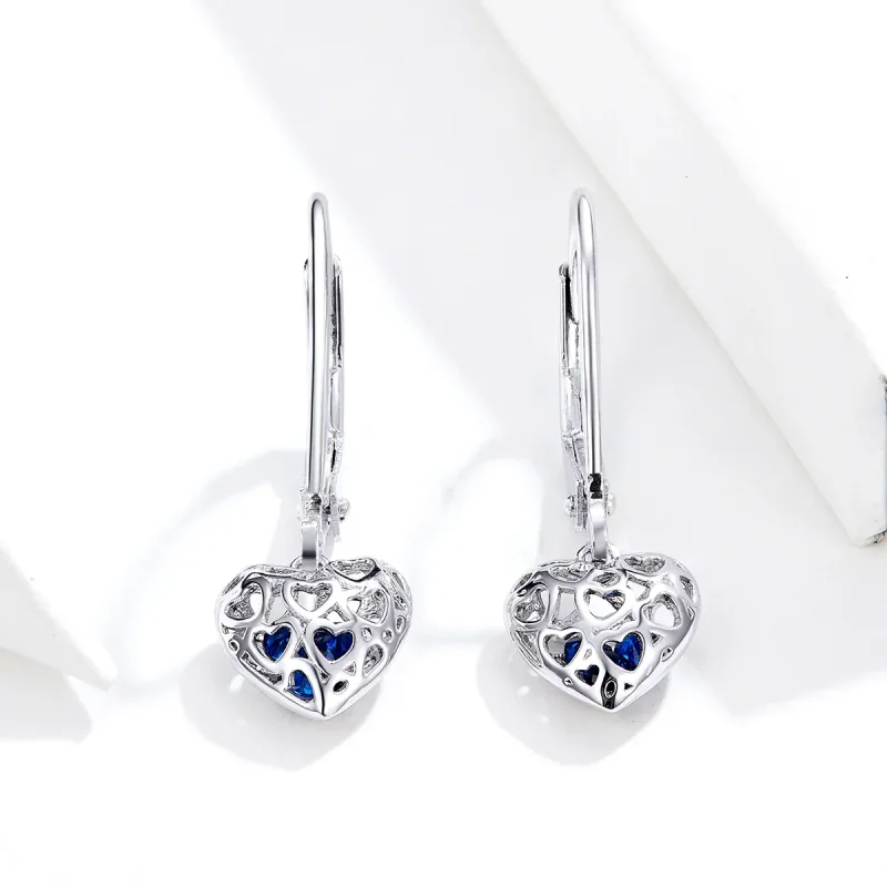 (image for) Pandora Style Silver Dangle Earrings, Heart Shape - SCE746 - View 3