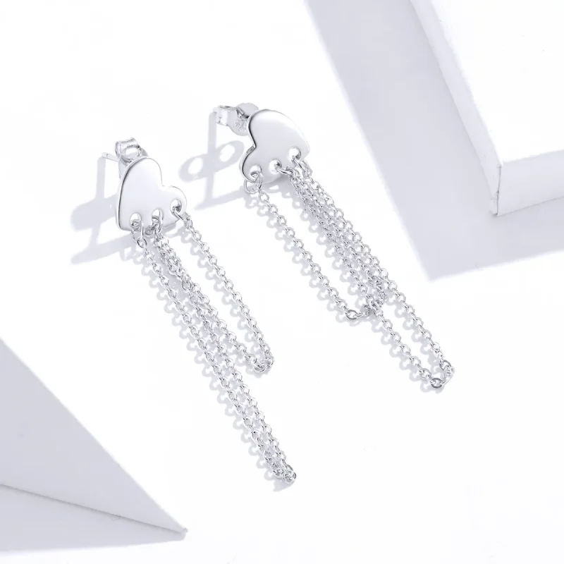 (image for) Pandora Style Silver Dangle Earrings, Heart Tassels - SCE867 - View 3