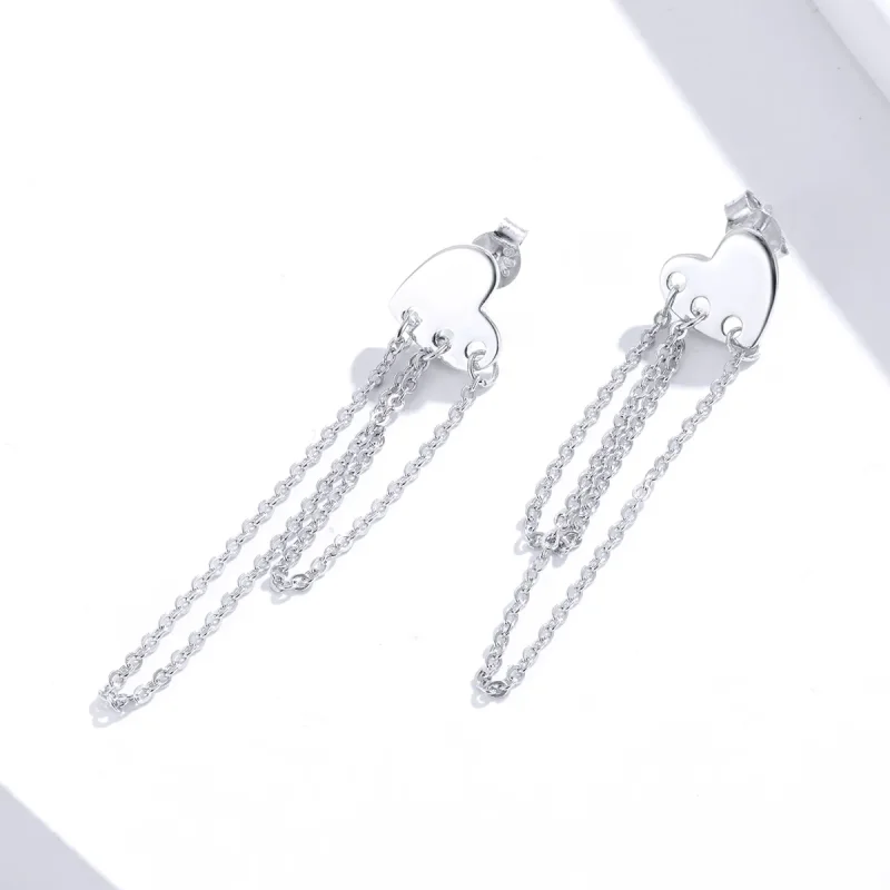 (image for) Pandora Style Silver Dangle Earrings, Heart Tassels - SCE867 - View 4